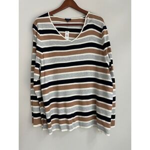 Talbots Plus Size 3X Striped V-Neck  Sweater Knit Top Brown White Black